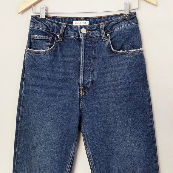 Anine Bing Lara Flared Jeans 27 Mid Indigo Blue High Waist Raw Hem Designer $230 - Picture 6 of 16